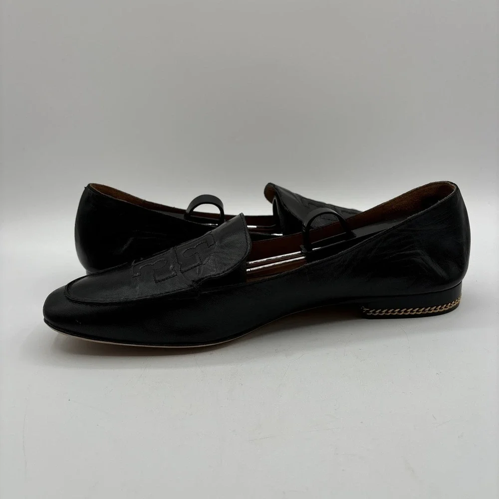 Tory Burch Ruby Loafers Women's 10 M Black Leather Chain Heel Embossed Logo